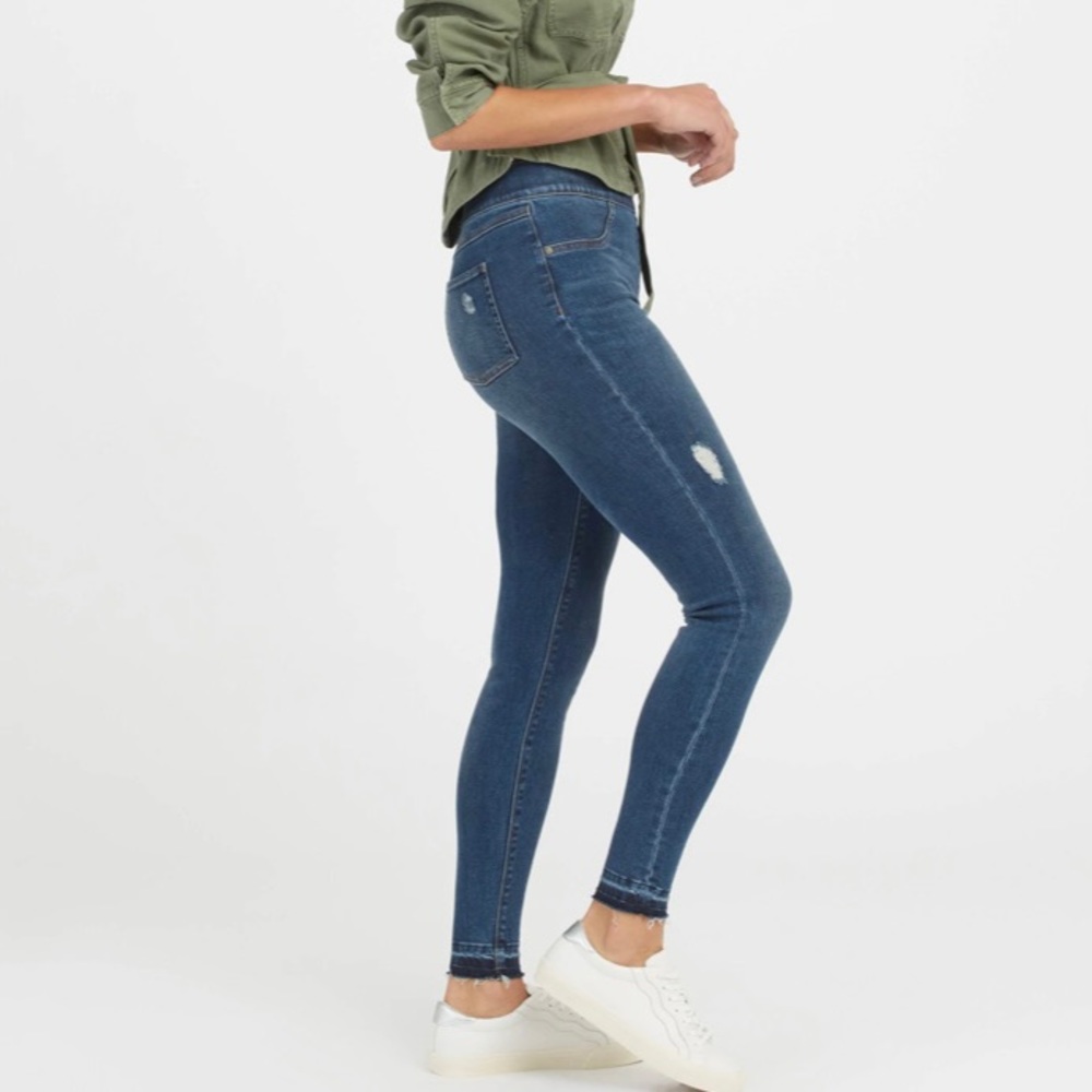 Spanx Distressed Ankle Skinny Jeans Large Medium Wash Released Hem Elastic Waist - Picture 3 of 9